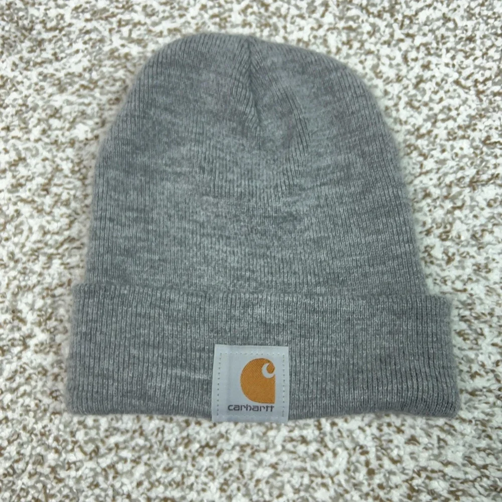 Carhartt Hat‎ Beanie Mens One Size Gray A18 Cuffed Knit Logo Winter Workwear